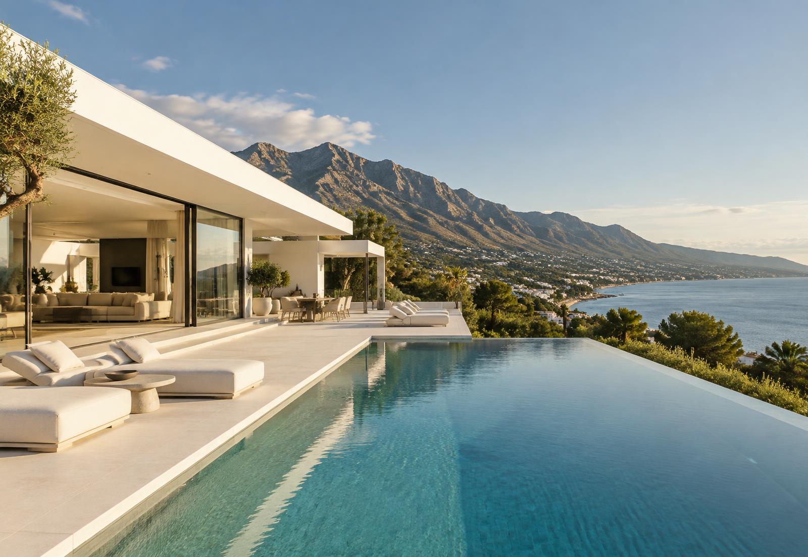 Contemporary white villa with an infinity pool facing the sea, mountains in the background