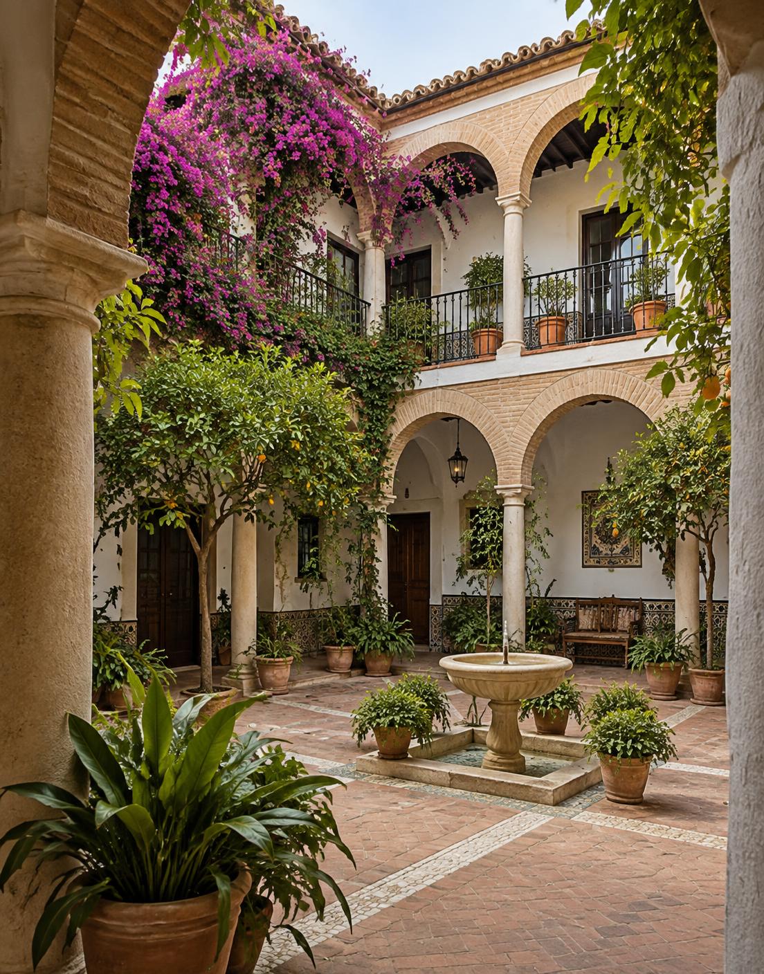 Andalusian courtyard with arches, bougainvillea, citrus trees and a stone fountain
