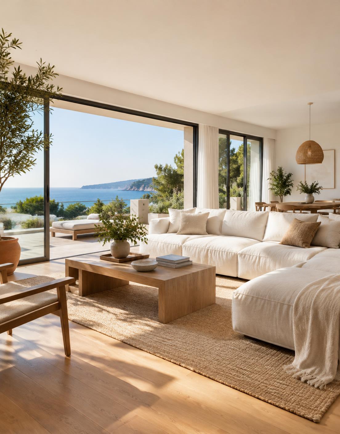 Bright living room with linen sofa and wide glass doors opening onto a sea-view terrace