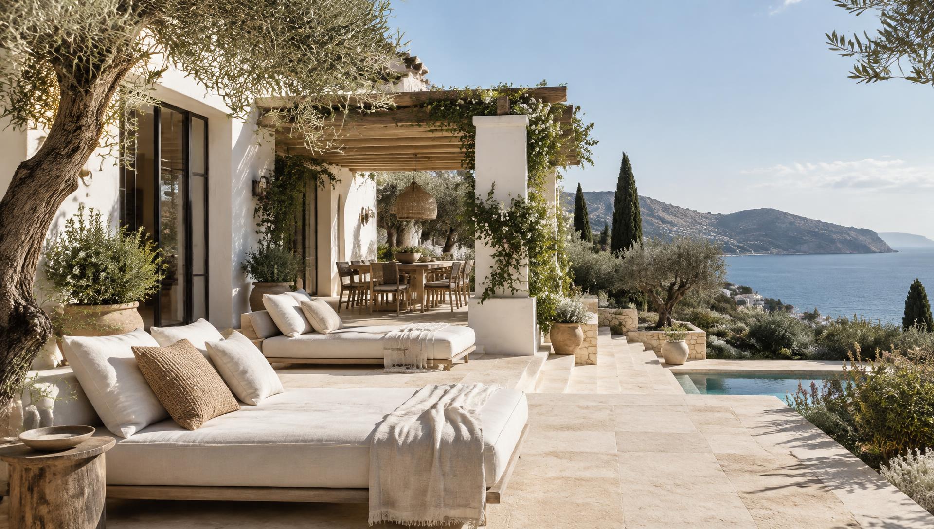 Shaded terrace with olive trees above the Mediterranean